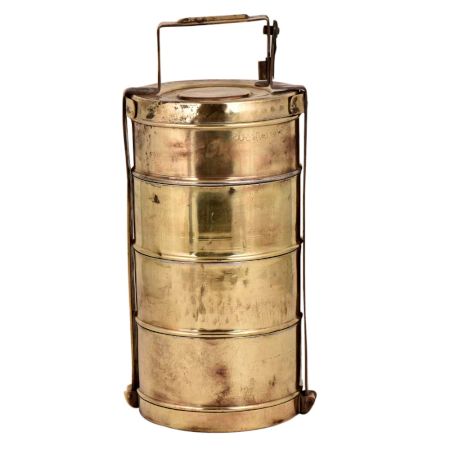 Brass Tiffin Box Four Level Container wit thick Metal Frame Handle