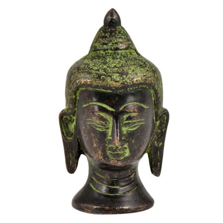 Brass Buddha Head Statue With Eyes Closed Green Patina Finish