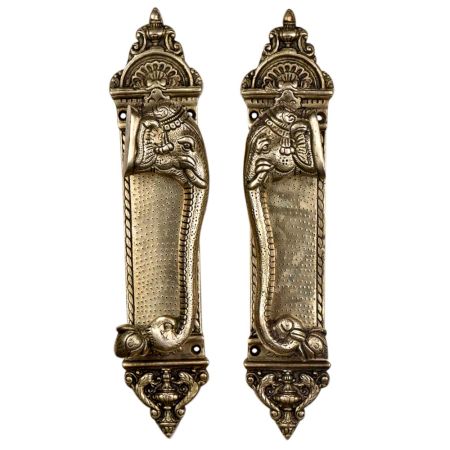 Majestic Brass Door Handle With Elephant Head And Engraved Design