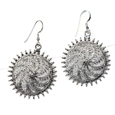 Sun Shape 92.5 Sterling Silver earrings Engraved Traditional Design Dangle Earrings