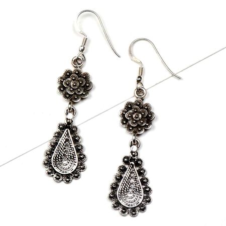 92.5 Floral Stud Oval Drop Engraved Filigree Dangler Earrings