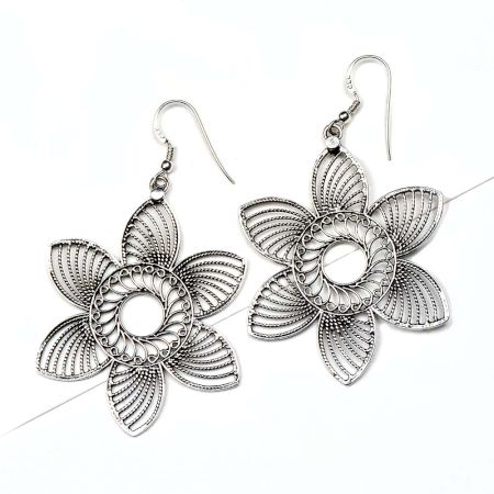 Handcrafted 92.5 Sterling Silver Dangler Earrings Filigree Floral Danglers