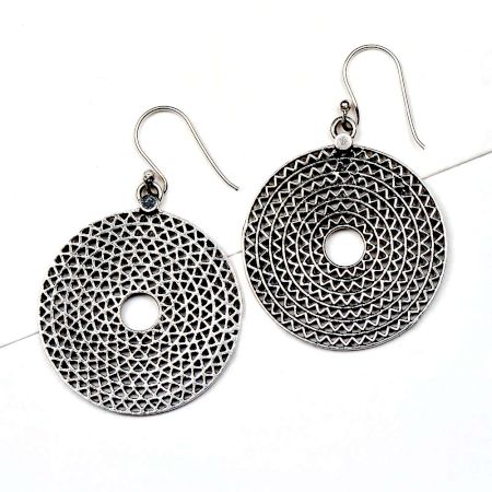 Round 92.5 Sterling silver Disc Earrings  Ornate Design Danglers