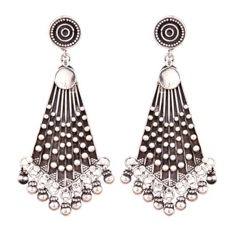 92.5 Sterling Silver Earrings Triangle Embossed with Silver Beads Hangings