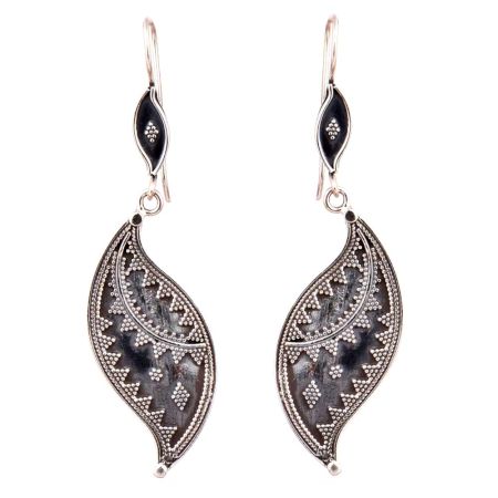 Inverted Leaf 92.5 Sterling Silver Earrings Oxidized Embossed Dots Design