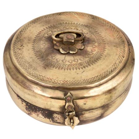 Round Brass Tiffin Box With Lid Heart Carving With Latch
