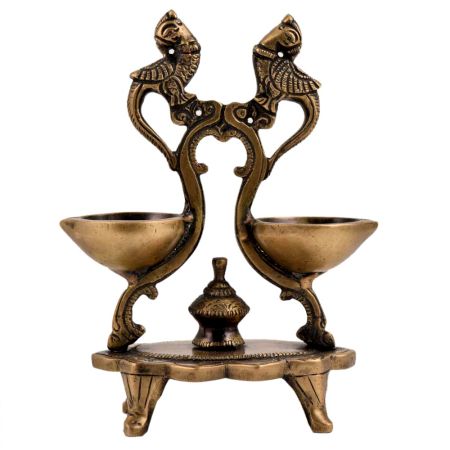 Majestic Oil Lamp  Twin Diya And Peacock Figurines On Stand