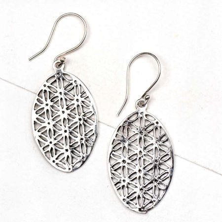 92.5 Sterling Silver Earrings Oval Sacred Flower Of Life Design Earrings
