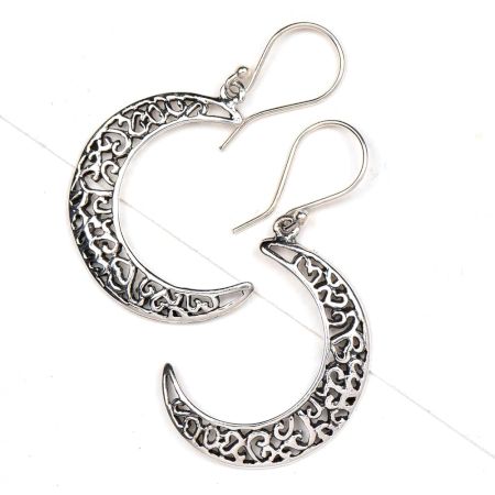 92.5 Sterling Silver Earrings  Crescent Moon  Filigree Dangle earring