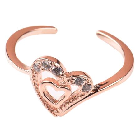 92.5 Sterling Silver Toe Ring With Double Heart For Women With Rose gold Polish (Pair)