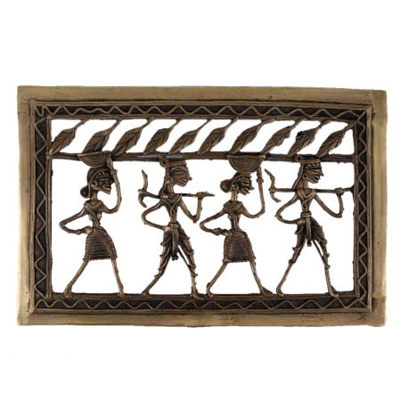 Brass Dhokra Art Hanging Tribal Dancing Troupe Leafy Border On Top