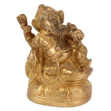 Brass Ganesha Statue Sitting With Modak In Hand