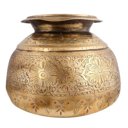 Brass Pot Round Carved Floral Deign Traditional Planter Pot