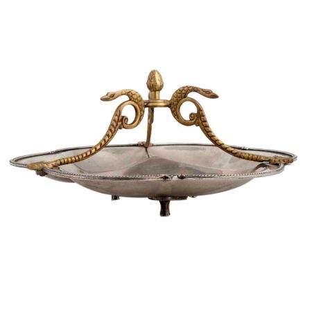 Silver Metal Serving Dish With Golden Snake Handles