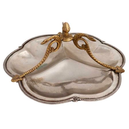 Silver Metal Serving Dish With Golden Snake Handles