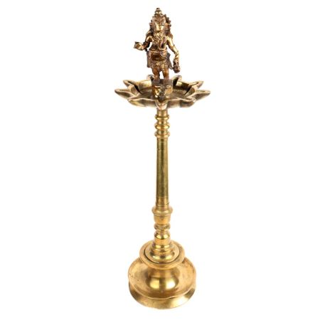 Brass 9 Wick Oil Lamp Ganesha Figurine On Pedestal  Stand