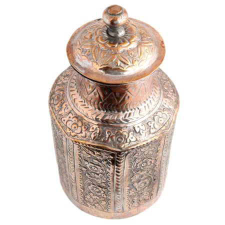 Copper Storage Box Chased Leafy  Design Knob Finial Lid