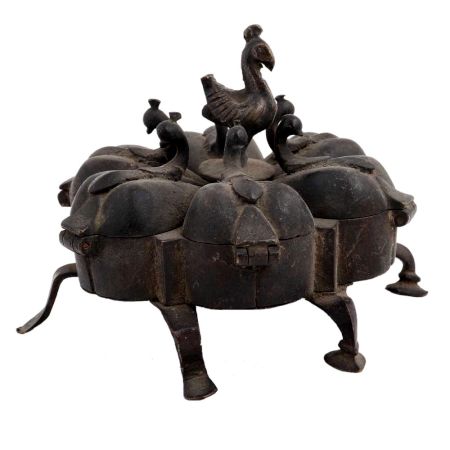 Brass Bindi Box With Seven Compartments Peacock Finials