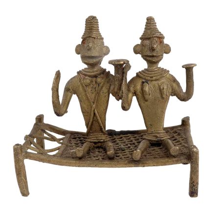 Two Tribal Men Figurines Sitting On Charpai