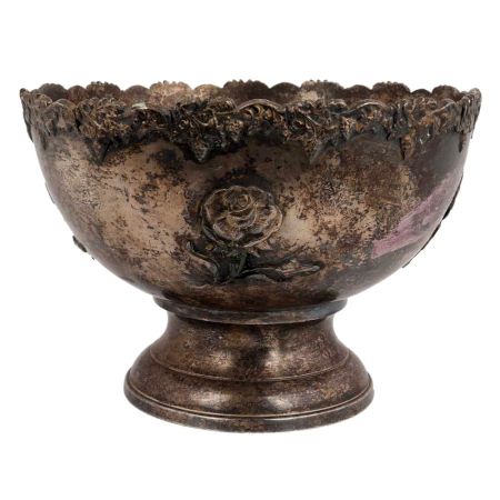 Vintage Embossed Rose  Brass Pedestal Bowl
