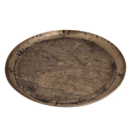 Serving Tray or Plate Engraved with Indian Village Scene In Bell Metal