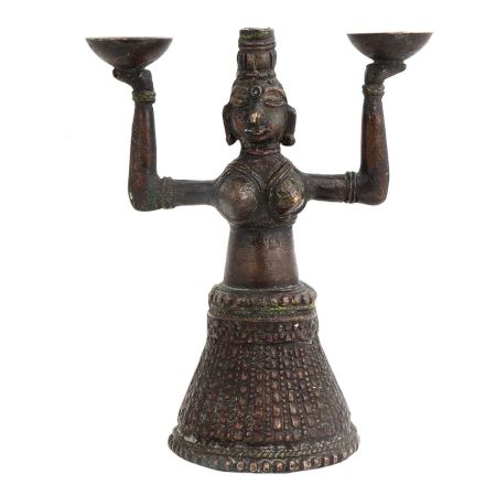 Brass Gujarat Tribal Women Holding Two Bowls Candle Holder