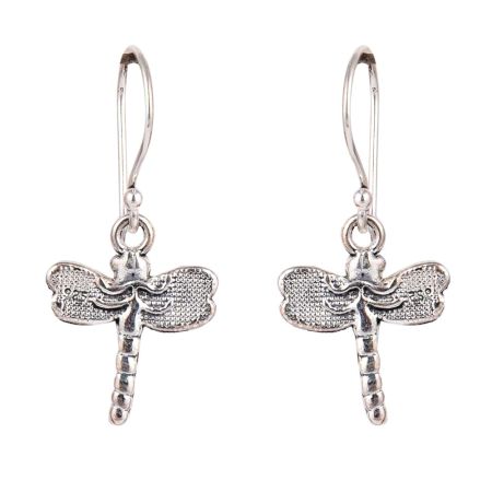 92.5 Sterling Silver Dragon Fly Hoop Dangle Earrings