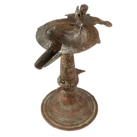 Dhokra Brass Work Oil Lamp With Peacock Carving