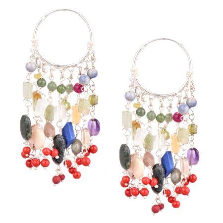 Sterling Silver Bali Hoop Earrings With Multi colored Stone Tassel