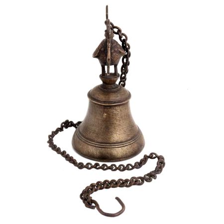 Brass Peacock Figurine Temple Bell With Long Chain
