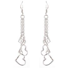 Heart Charms Long Chain 92.5 Sterling Silver Dangle Earrings