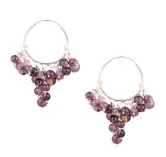 92.5 Sterling Silver Dangle Earrings Grape Bunch Purple Stone Beads