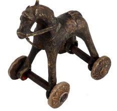 Old Used Brass Horse Rider On Wheels Temple Toy