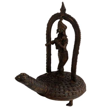 Brass Lord Krishna Statue Standing On Turtle Playing Flute