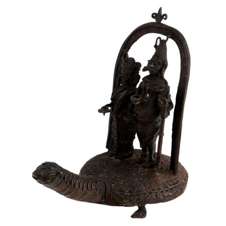 Brass Lord Shiva With Parvati Tribal Art On Turtle