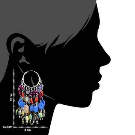Colorful Stone 92.5 Sterling Silver Bali Hoop Chandelier Earring