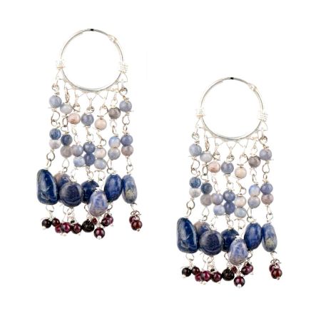 Blue Stone 92.5 Silver Sterling Boho Hoop Chandelier Earrings