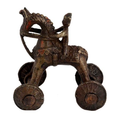 Brass Horse and Rider on Wheels East Indian Temple Toy