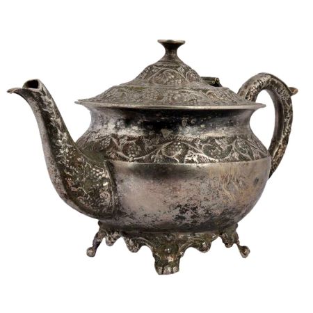 Ornate Brass Short Tea Or Coffee Pot With Stout In Silver polish
