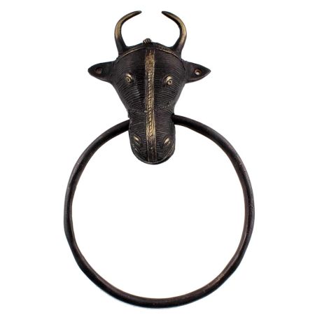 Handcrafted Black Brass Tribal Bull Ox Head Brass Towel Holder