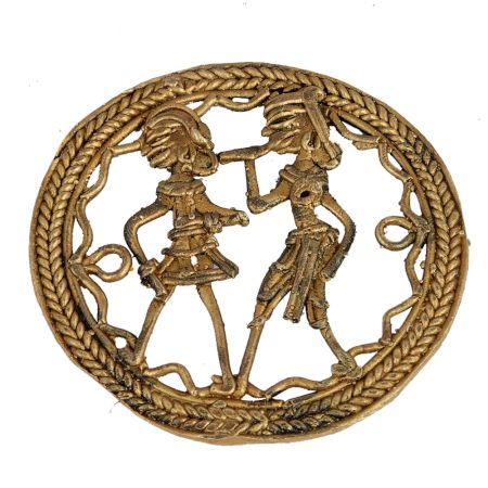 Brass Dhokra Round Wall Hanging Tribal Couple With Rope Design Border