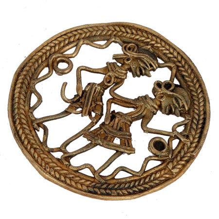 Round Brass Wall Hanging of Village Couple Daily Activity