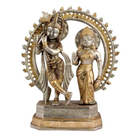 Hindu Radha Krishna Statue With Prabhavali With Silver Golden Finish