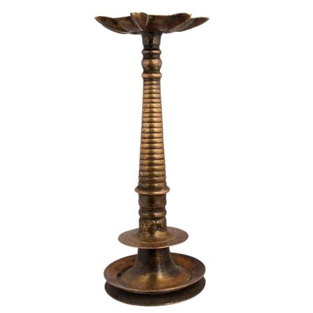 South Indian Brass Tall Oil Lamp With Segmented Body