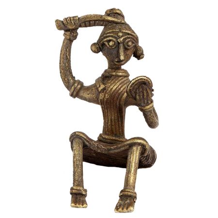 Brass Sitting Tribal Women Combing Hair looking Into A Mirror