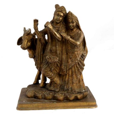 Brass Radha Krishna With Cow Statue
