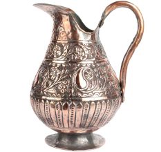 Ornate Copper Jug With Engraved Floral Motifs Curved Handle