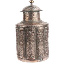 Etched Copper Jar Repouse Floral Motifs Lidded Canister
