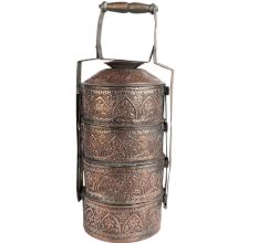 Copper Repousse Four Tier Lunch Box Caved With Floral Motifs