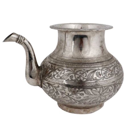 Brass Engraved Floral Design Water Pot With Spout With Silver Polish